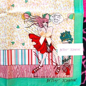 Vintage Betsey Johnson Art Scarf Waiting For My Beau Joe Babe Girl in Red Dress